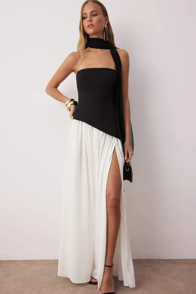 Black and White A-Line Shawl Detailed Maxi Elegant Evening Night Graduation  Dress Trendyol : Evening Dresses : VogaCloset Iraq