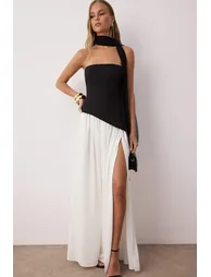 Black and White A-Line Shawl Detailed Maxi Elegant Evening Night Graduation Dress