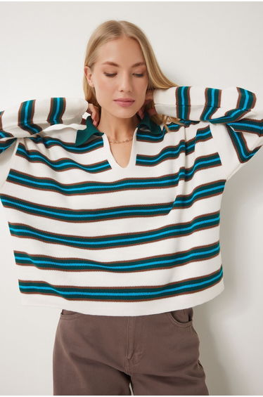 Women's Cream Emerald Green Polo Neck Striped Knit Sweater
