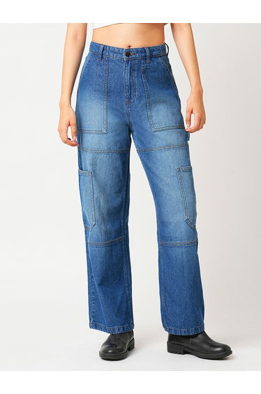 High Rise Straight Fit Faded Cargo Jeans