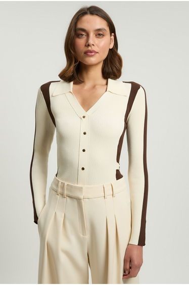 Viscose Rib Contrast Colour Button Knit Top