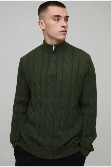 Regular Fit Cable Knitted 1/4 Zip Jumper - green