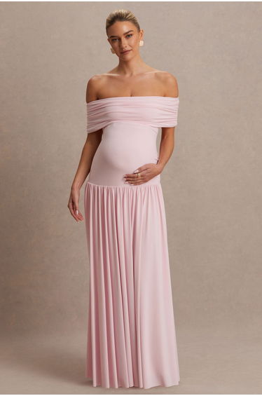 Juliette | Blush Pink Bardot-Neck Maxi Dress With Drop-Waist
