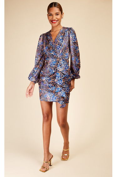 Snake Satin Draped Frill Mini Dress