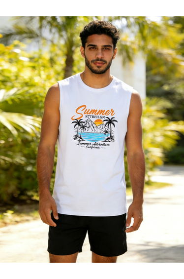 Men White Graphic Print Round Neck Tank and Shorts Co-Ords