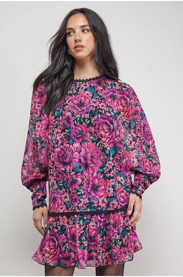 Printed Blouson Sleeve Tie Back Mini Dress