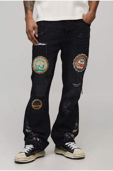 Slim Flare Applique Badge Gusset Jeans - washed black
