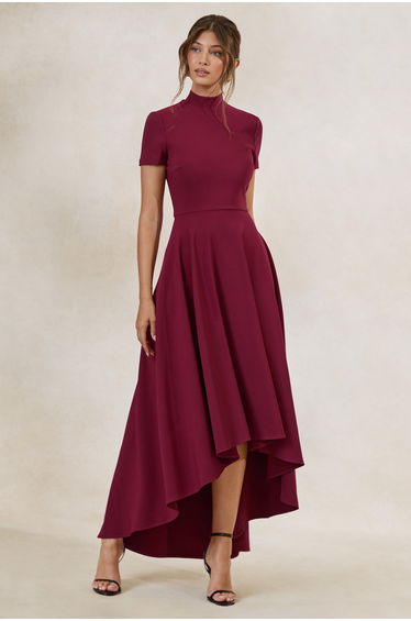 Bellona | Burgundy High-Neck High-Low Midi Dress
