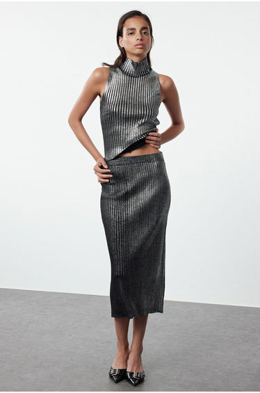 Gray Foil Printed Skirted Knitwear Bottom-Top Set