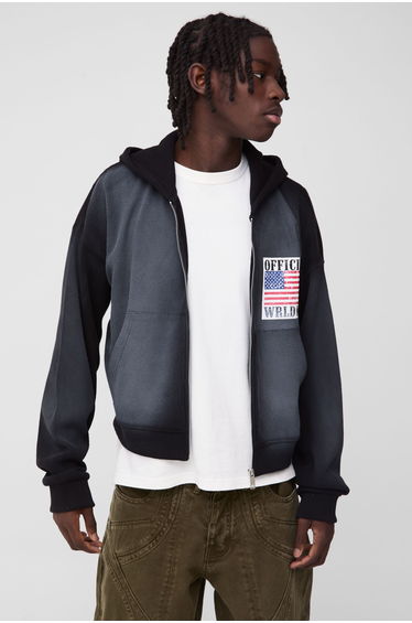 Shrunken Fit Waffle Sun Fade Printed Zip Through Hoodie
