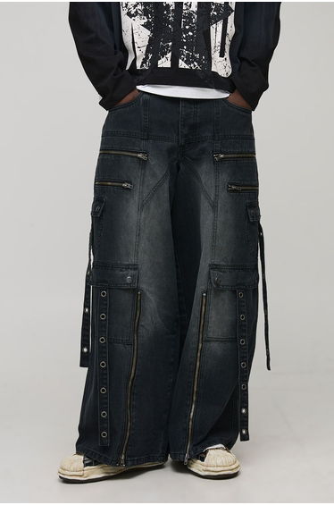 Super Baggy Strap Detail Cargo Washed Jeans - washed black