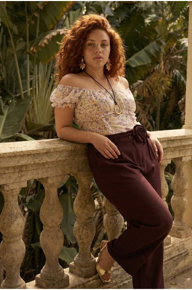 Brown Rose Accessory Detailed Woven Large Size Trousers