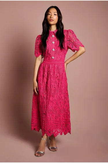 Short Sleeve Collared Lace Midi Dress
