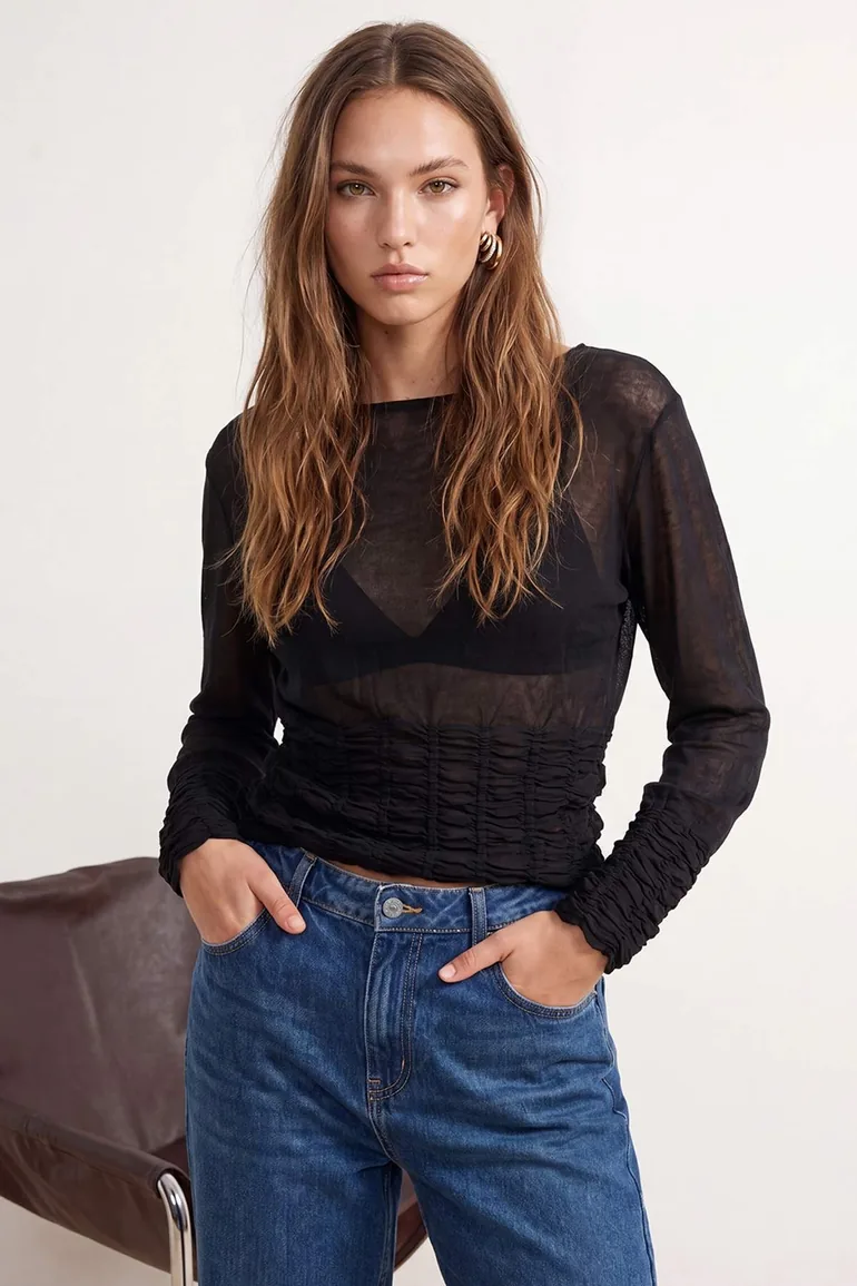 Black Boat Neck Transparent Knitwear Sweater