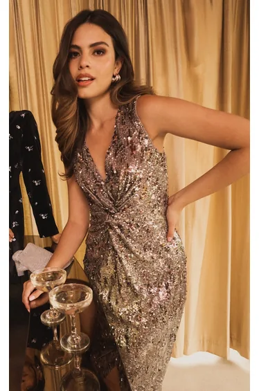 فستان ميداكسي مزين بالترتر - فضي