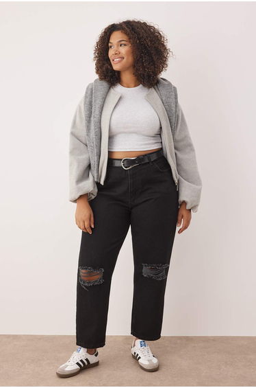 Black High Waist Destroy Detailed Mom Fit Jeans