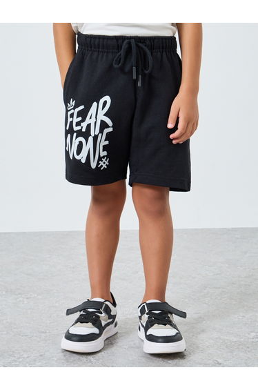 Boys Black Slogan Print Cotton Shorts