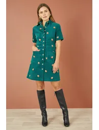 Yumi Teal Cord Shirt Dress With All Over Fox Embroidery