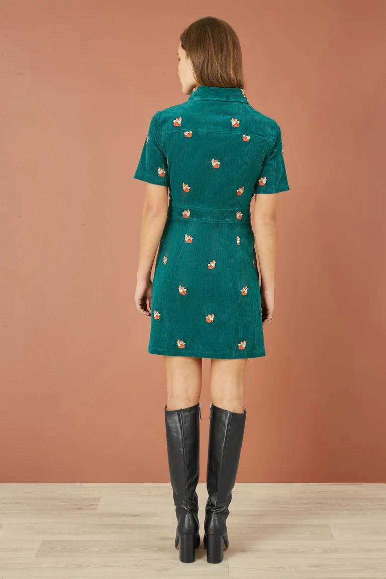 Yumi Teal Cord Shirt Dress With All Over Fox Embroidery - 2