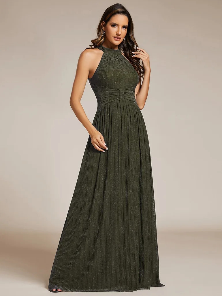 ever EVERLAINE|Halter Neck Pleated Glittery Formal Evening Dress with Empire Waist - 4