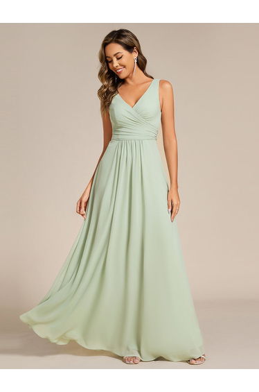 ever SAUYER|Strapless Pleated V-Neck A-Line Maxi Chiffon Bridesmaid Dress