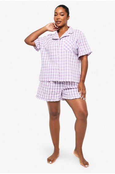 Plus Seersucker Gingham Ruffle Shirt And Trouser Pyjama Set - lilac