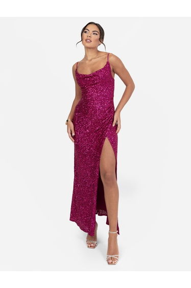 Maya Hot Pink Fully Embellished Cami Cowl Neck Maxi Dress