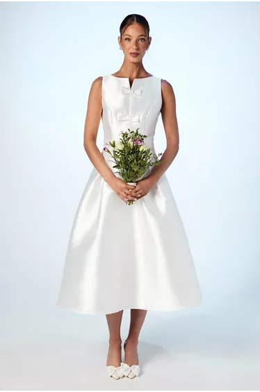 Bow Detail Full Skirt Midi Dress