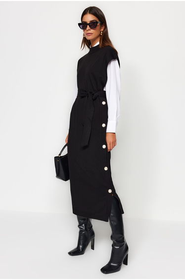 Black Button Detailed Knitwear Sweater Dress