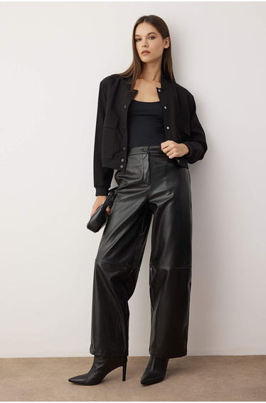 Black Faux Leather Barrel Pattern Trousers