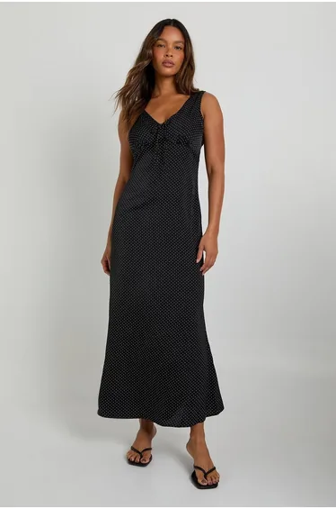 Polka Dot Print V Neck Maxi Dress - black