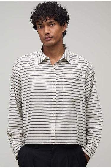 Cropped Boxy Oversized Stripe Shirt - stone