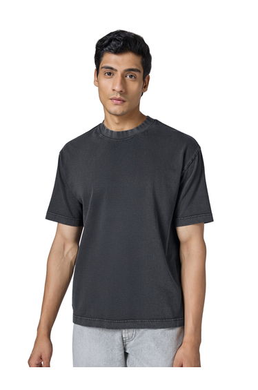 Men Black Cotton Acid Wash T-Shirt