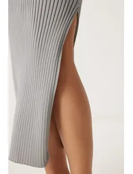 Women's Stone Open Shoulder Wrapped Ribbed Knitted Dress - 3
