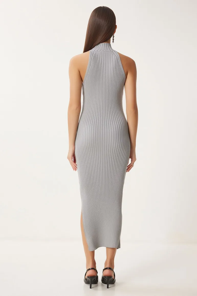 Women's Stone Open Shoulder Wrapped Ribbed Knitted Dress - 4