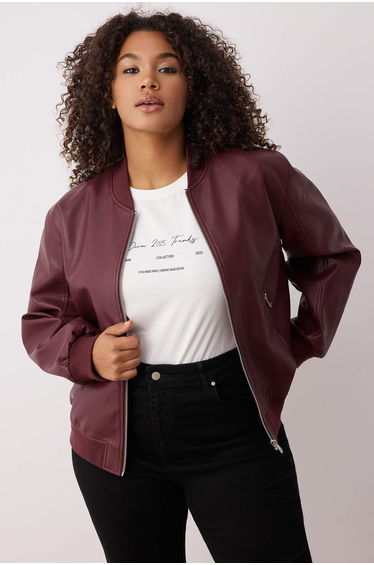 Burgundy Regular Fit Faux Leather Bomber Slim Plus Size Jacket Coats