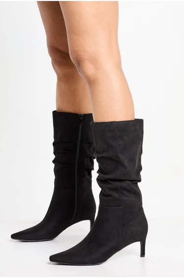 Ruched Knee High Stiletto Boots - black