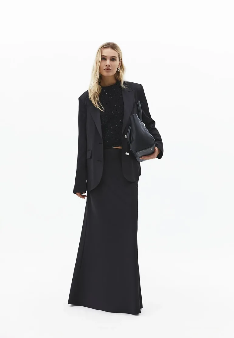 High Waist Slim Fit Long Skirt - BLACK - 1