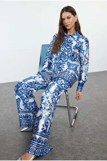 Blue Patterned Satin Woven Top-Bottom Set