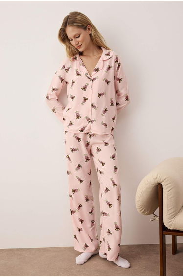 Pink-Multicolor Printed Shally Woven Pajamas Set