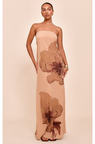 Beige Floral Printed Double Layered Bandeau Colum Dress