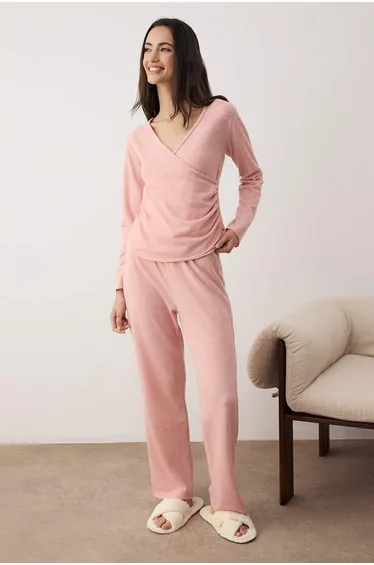 Dusty Rose Double Breasted Gathered Soft Tuşe Winter Knitted Pajama Set