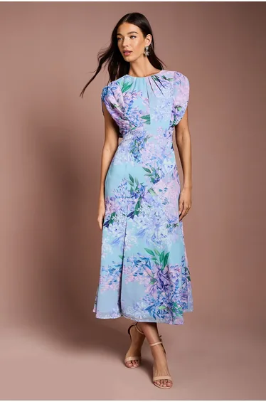Cap Sleeve Floral Chiffon Midi Dress