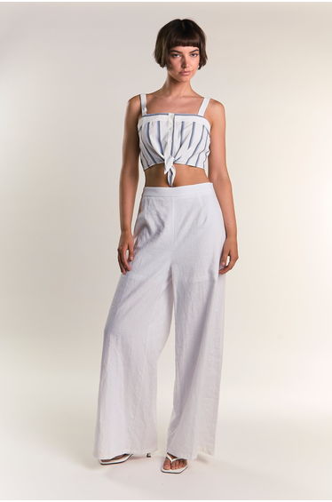 Glamorous White Blue Grey Stripe Tie Front Crop Top