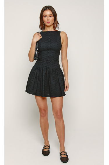 Black Broderie Drop Waist Mini Dress