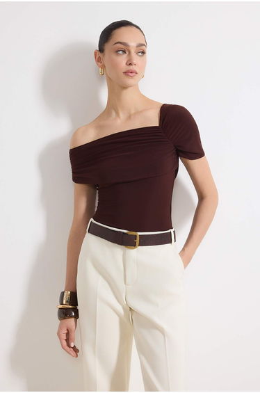 Brown Slim Asymmetric Collar Single Sleeve Short Sleeve Shirring Stretchy Knitted Blouse