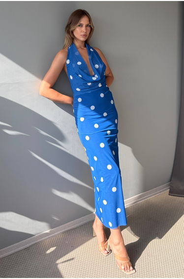 Blue Polka Dot Knitted Tulle Midi Dress with Lining Elegant Evening Prom Dress