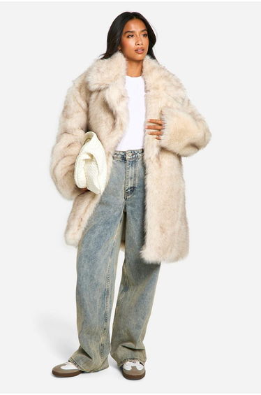 Petite Longline Vintage Look Faux Fur Coat - stone