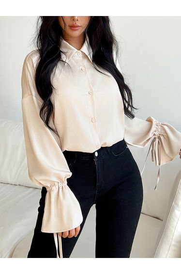 Beige Solid Buttoned Long Sleeve Shirt