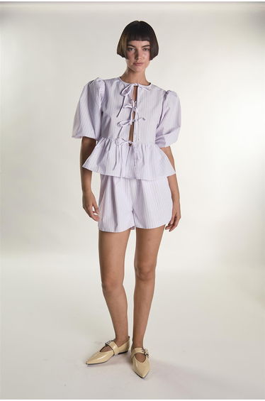 Light Pink Stripe Tie Front Puff Sleeve Top